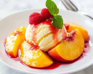 Juicy peaches, delicately poached in sugar syrup, served atop a scoop of creamy vanilla ice cream with a tangy raspberry coulis.