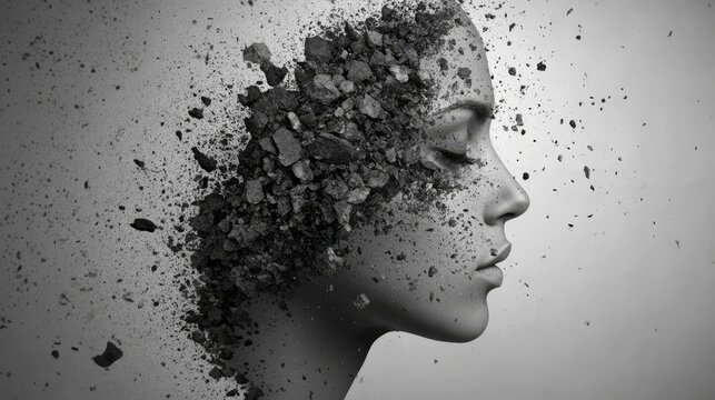 Artistic representation of a woman's face dissolving into fragments in a creative black and white design