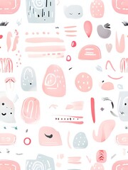 abstract illustration of seamless pattern of whimsical hand-drawn shapes and icons in soft pastel hues