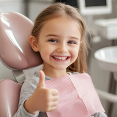 Happy young girl sitting in a modern dental chair, smiling and giving a thumbs-up after a successful dentist visit