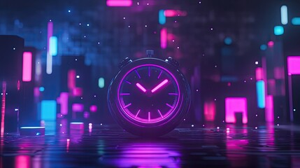 Neon clock with futuristic city backdrop reflecting on surface