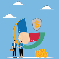 Protected transaction, security of a transaction, security of property or money, two merchants shaking hands beside the hand and shield of a transaction s