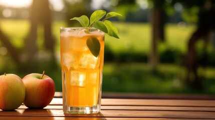 Refreshing apple juice with ice cubes and leaves, served outdoors