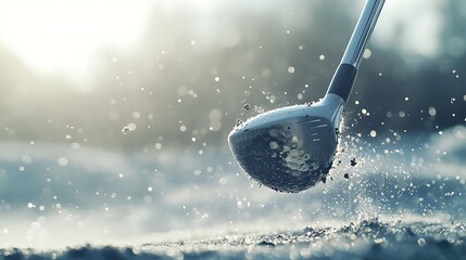 Golf club driver aggressively hitting the ground causing dirt and sand spray in bright outdoor.