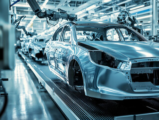Obraz premium Modern Car Manufacturing Assembly Line with Robotic Arms