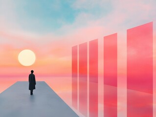 a person stands on a platform towards the horizon with abstract art