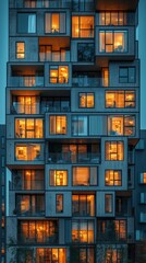 A contemporary apartment building exterior at dusk, with warmly lit windows revealing cozy interiors and urban lifestyle moments.