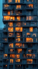Urban nightscape featuring a modern apartment building with warm lights glowing from the windows, conveying a sense of community.