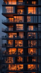 Orange-lit balconies and rooms illuminate a contemporary high-rise apartment building against a twilight sky, creating a warm urban scene.