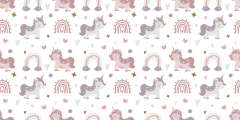 Seamless Pastel Unicorn Pattern with Boho Rainbows and Hearts, Cute Fairytale Vector Background for Kids