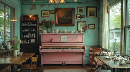 Pink piano cafe interior, shabby chic decor, floral arrangements, street view