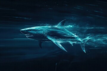 Fototapeta premium dynamic minimalist shark emblem with aggressive angular lines, deep ocean blues creating sense of power and motion