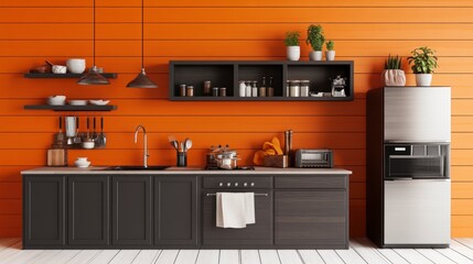 Fototapeta premium Orange Kitchen with Dark Cabinets: Modern Design Ideas and Inspiration