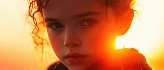 a young girl with curly hair bathed in warm sunlight at sunset