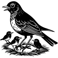 Mother Robin feeding her babies vector art illustration 