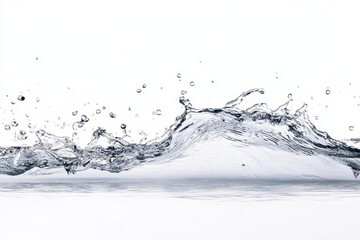 dynamic ocean wave captured mid-motion with crystalline water droplets, showing powerful curl and spray against pristine white background