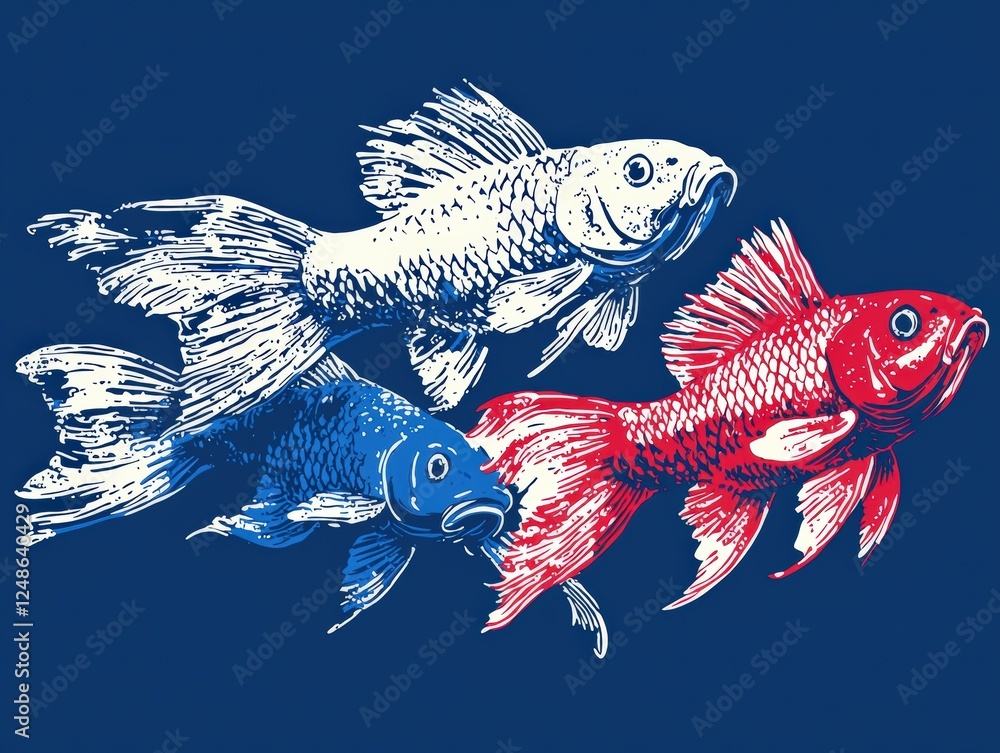 Poster artistic representation of fish in red, white, and blue colors with unique patterns on dark backgrou
