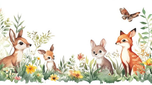 Fototapeta Colorful forest animals gather around blooming flowers in a serene natural setting
