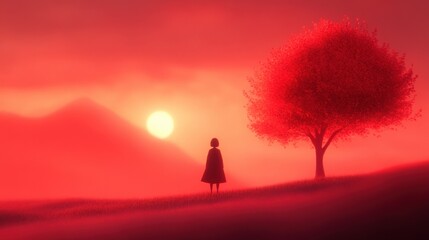 person standing near tree looking at the sunset