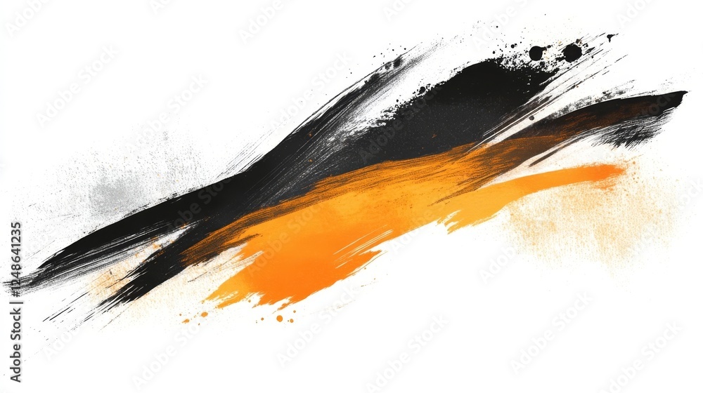 Poster creative abstract splash of black and orange paint on a white background surrounded by subtle gray t
