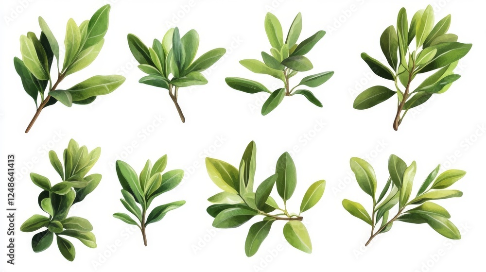Aufkleber various green leaves showcasing different shapes and sizes arranged in an artistic layout on a clean