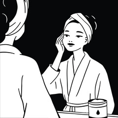A young woman applies face cream as part of her skincare routine. She enjoys a moment of self-care, focusing on beauty and wellness. A black-and-white vector lifestyle illustration.
