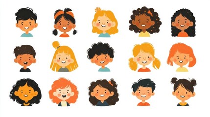 Diverse group of children smiling with different hairstyles and expressions in a playful illustration