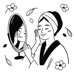 A young woman takes care of herself in front of a mirror, applying skincare or makeup. She enjoys a self-care routine, focusing on beauty and wellness. A black-and-white vector lifestyle illustration