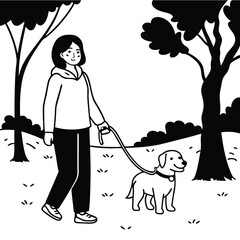 A young woman walks her dog in the park, enjoying a daily routine. The peaceful moment reflects relaxation, nature, and companionship. A black-and-white vector lifestyle illustration.
