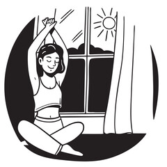 A young woman sits by the window, starting her day with stretching, meditation, or yoga. She enjoys a peaceful morning, embracing mindfulness and relaxation. 