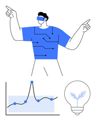 Man wearing virtual reality headset with circuit design upward graph lightbulb plant. Ideal for tech innovation, sustainability, growth, virtual reality, future, progress, creativity. Line metaphor