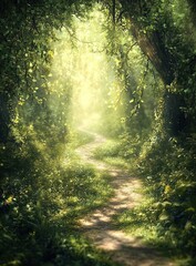 Obraz premium Enchanted Forest Path: Journey Through Lush Greenery, Sunlight Dappled, Magical Atmosphere, Serene Nature, Tranquil Walk, Peaceful Scene, Green Leaves, Winding Trail, Trees Canopy, Forest Floor