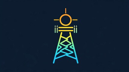 Colorful graphic representation of a telecommunications tower with sun and rays against a dark background