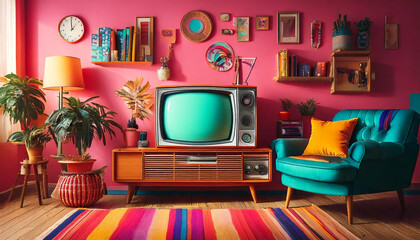 A retro living room with an old TV and 80s decor