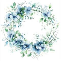 blue green round watercolor frame on white background. Tender floral arrangement for wedding design
