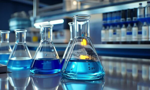 beakers and flasks in science laboratory with chemistry. 4k virtual video animation background