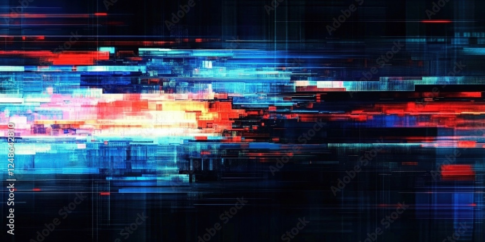 Poster abstract digital glitch background with glowing lines in blue and red creating a futuristic and high
