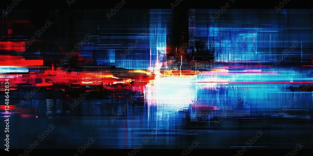 Poster abstract digital glitch background with glowing data elements for futuristic and technological desig