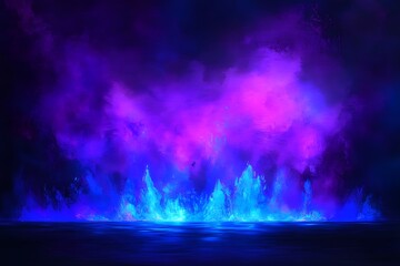 Neon blue flames reflect on dark water, purple smoke backdrop, fantasy scene, game design