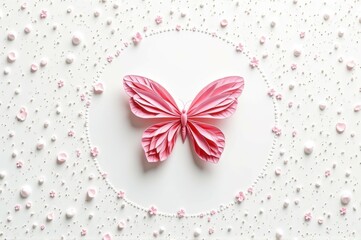 Pink paper butterfly on white background with floral decorations
