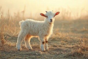 A playful young goat stands in a sunlit field, surrounded by golden grass, embodying the essence of rural life and nature's beauty
