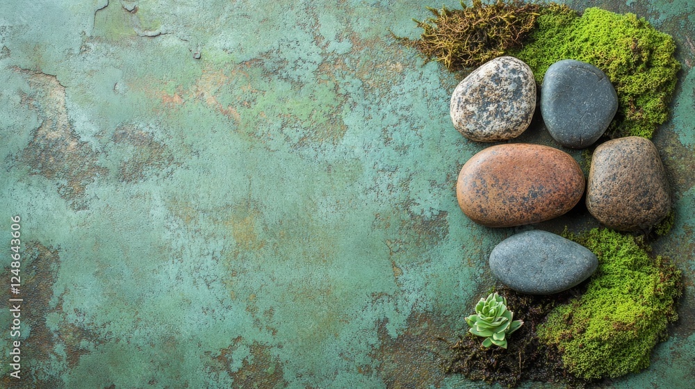 Poster smooth stones are arranged on moss with a textured background