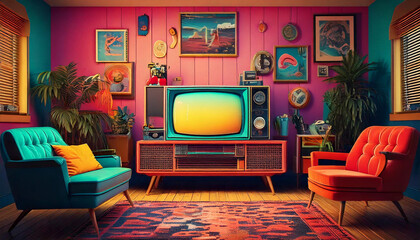 A retro living room with an old TV and 80s decor