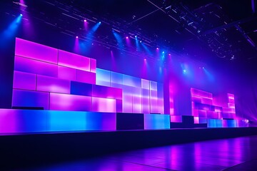 Illuminated stage backdrop, convention center, event lighting, purple blue panels, empty