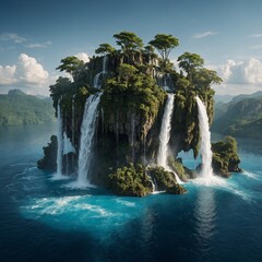 A floating island covered in crystal-clear waterfalls.