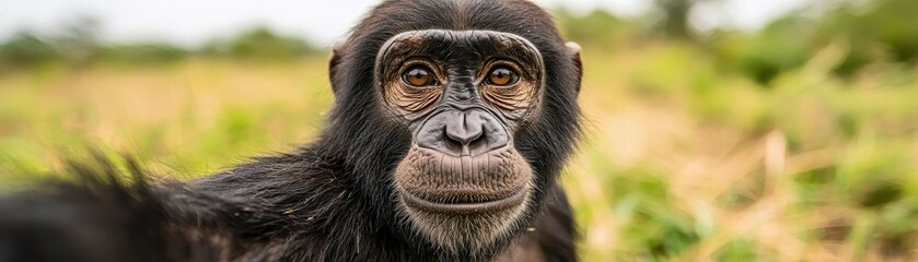 A close-up of a chimpanzee with expressive eyes, set against a natural background, showcasing its unique features and personality.