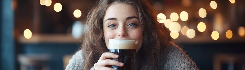 A woman sits comfortably in a traditional Irish pub, sipping a pint of rich stout beer. The warm glow from surrounding lights creates a cozy atmosphere, inviting relaxation and enjoyment
