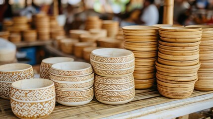 Handmade wooden bowls and plates displayed in a market, showcasing intricate designs and natural textures.