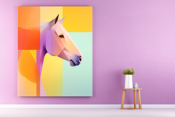 Horse head portrait artistic animal equine design, modern living room, table, plant, lilac pink backdrop, 3d space.