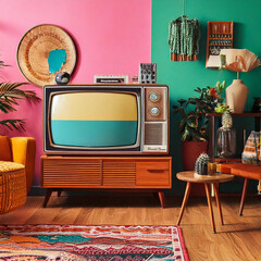 A retro living room with an old TV and 80s decor